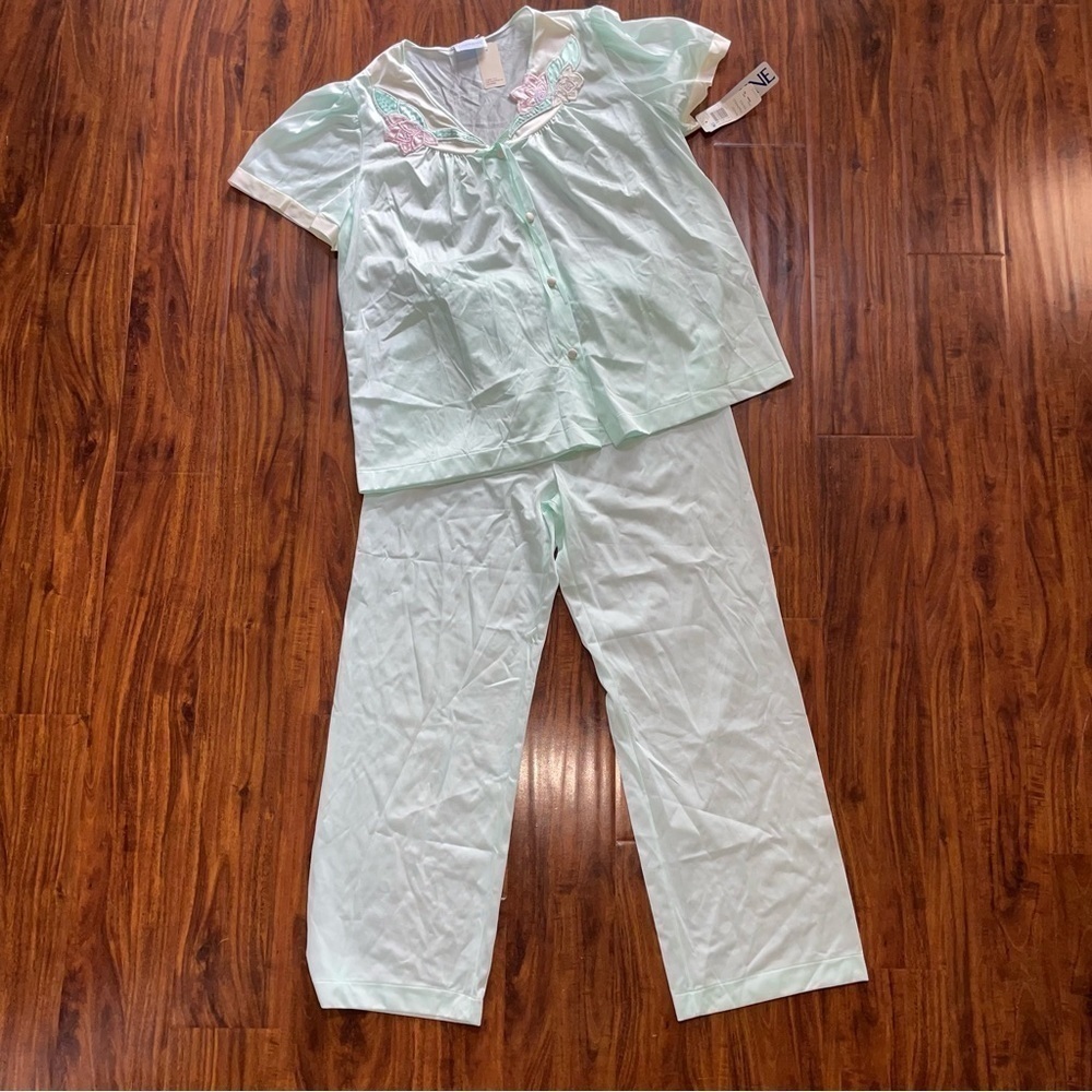 NWT Vintage Lorraine Pajamas Pants Set Teal Green Nylon Medium